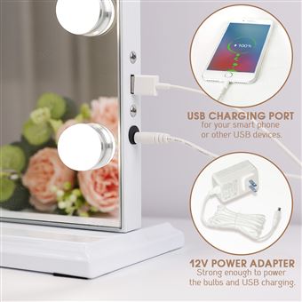 Miroir Maquillage Hollywood Lumineux 58x46 Cm - 15 LED, 3 Températures, Luminosité Réglable, USB + Loupe 10x Amovible