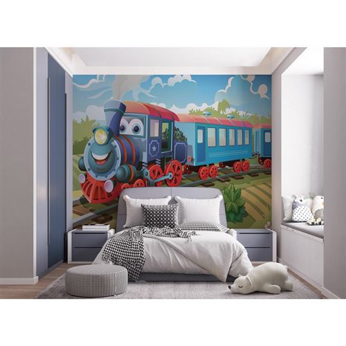 WALLTASTIC Papier peint Walltastic train bleu et rouge locomotive qui sourit 305x244 cm