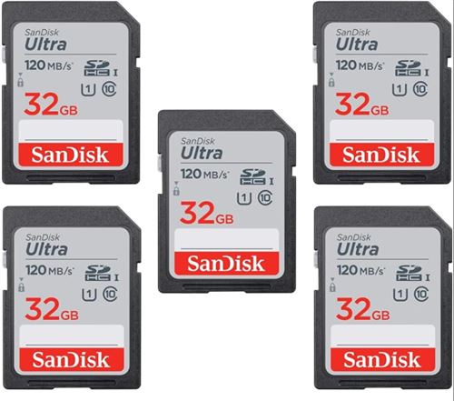 Lot de 5 SanDisk Cartes mémoire SDHC Ultra 32 Go Classe 10 Vitesse de transfert jusqu'à 120 Mo/s