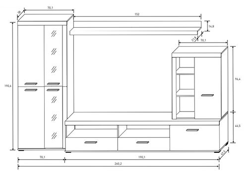 Meuble TV 2 portes L260cm et étagère murale L210 cm VESON (Blanc, chêne)