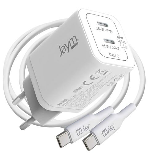 Jaym Blanc Chargeur Secteur 2 Usb-C Gan 65W Pd-Pps Avec Câble Usb-C Vers Usb-C 100W 2M - Image 3