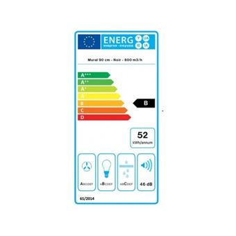 Hotte murale FALMEC PLANE1420, 90cm, Technologie NRS, Commandes Electroniques retro-eclairees, Finition noire, moteur 4 vitesses, Debit d''air boost = 610m3/h, Puissance acoustique max = 46dB. Eclairage LED. Classe energetique : B