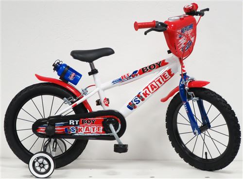 Skate V&eacute;lo Enfant 16'' gar&ccedil;on, Blanc avec Stickers Bleus et Rouges