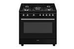 Centre de cuisson 90 cm, 5 bruleurs gaz dont 1 ultra-rapide surpuissant 4 kW, four multifonction (9 dont double chaleur tournante), nettoyage catalyse, moufle geant 115 litres nets, eclairage 2 halogenes, classe A, compartiment de rangement abattant