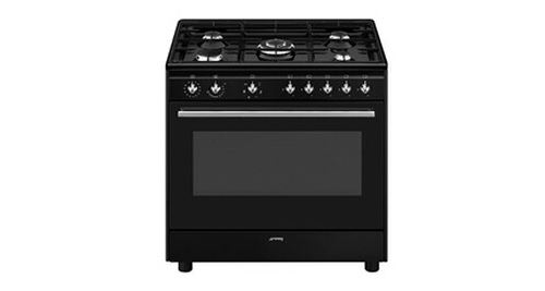 Smeg Centre De Cuisson 90 Cm, 5 Bruleurs Gaz Dont 1 Ultra-Rapide Surpuissant 4 Kw, Four Multifonction (9 Dont Double Chaleur Tournante), Nettoyage Catalyse, Moufle Geant 115 Litres Nets, Eclairage 2 Halogenes, Classe A, Compartiment De Rangement Abattant