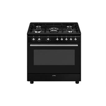 Centre de cuisson 90 cm, 5 bruleurs gaz dont 1 ultra-rapide surpuissant 4 kW, four multifonction (9 dont double chaleur tournante), nettoyage catalyse, moufle geant 115 litres nets, eclairage 2 halogenes, classe A, compartiment de rangement abattant