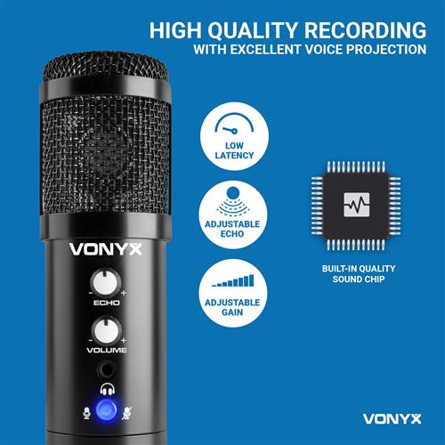 Vonyx CM300B - Microphone Streaming avec Trépied - Noir