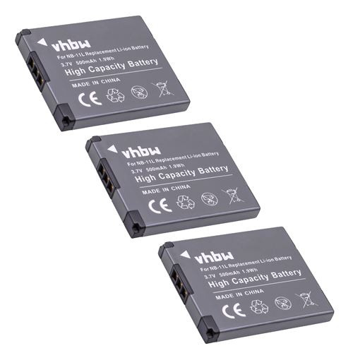 vhbw 3x Batterie compatible avec Canon IXUS 185, 165, 275 HS, 160, 320 HS, 245 HS, 240 HS, 190, 265, 170, 157 appareil photo (500mAh, 3,7V, Li-ion)