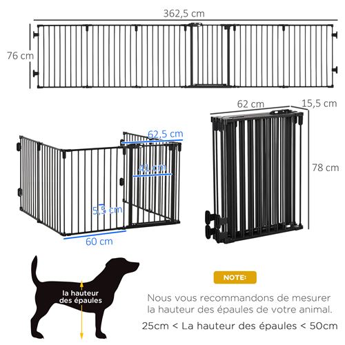 Barrière de sécurité parc enclos chien modulable pliable porte  verrouillable intégrée 5 panneaux en métal 300L max. x 74,5H cm métal PP  noir
