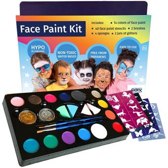 Maquillage Enfant,12 Couleurs Crayons,Maquillage Carnaval Enfant,Visage  Peinture, Peinture Visage Enfant avec 55 Pochoirs, Maquillage Enfant pour