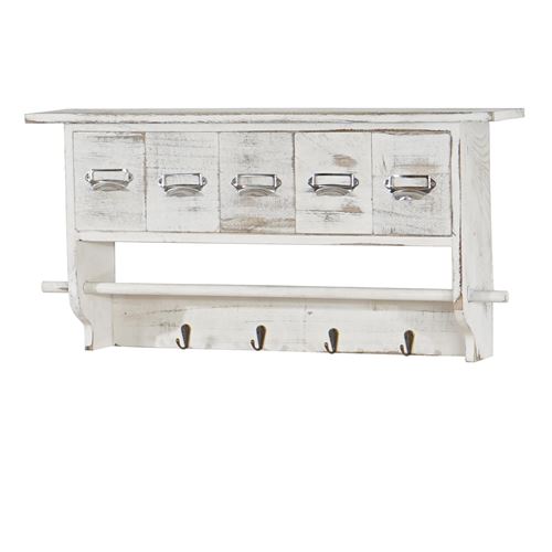 Portemanteau mural, étagère 5 tiroirs, 65x13x32cm, shabby chic, vintage blanc
