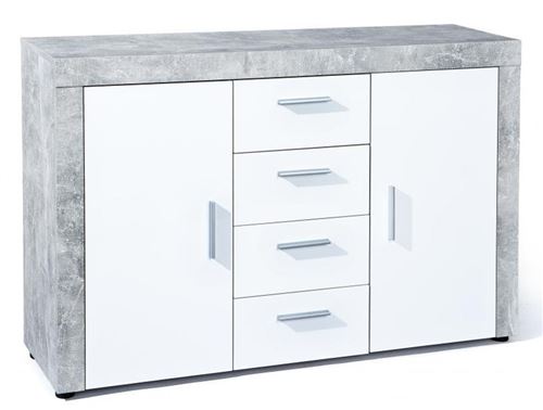 Commode meuble de rangement imitation beton/blanc - Longueur 134 x Profondeur 40 x Hauteur 86 cm -PEGANE-