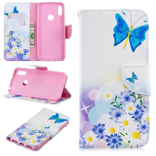Etui en PU flip stand motif imprimé papillons bleus pour votre Huawei Y6 (2019)/Y6 Pro (2019)/Y6 Prime (2019)