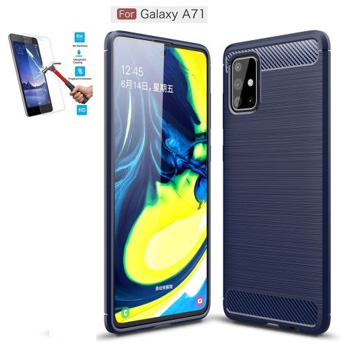 Coque Samsung Galaxy A71 Carbone Bleu Avec Film Verre Trempé Housse Etui En Silicone Gel Souple hfs-house®