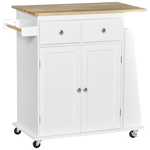 HOMCOM Desserte de cuisine multi rangements 2 tiroirs placard 2 portes avec étagère 3 range-bouteilles porte-torchons MDF blanc hévéa