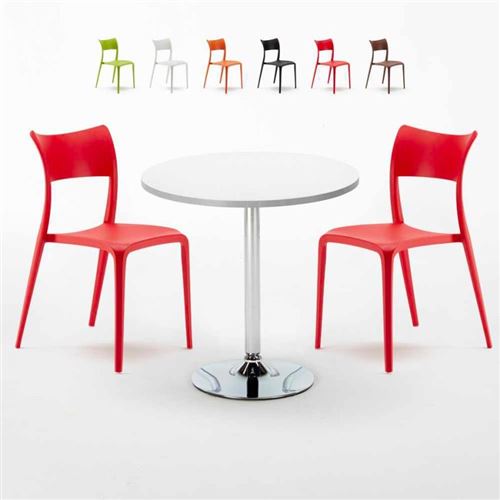Table Ronde Blanche 70x70cm Avec 2 Chaises Colorées Set Intérieur Bar Café Parisienne LONG Island, Couleur: Rouge