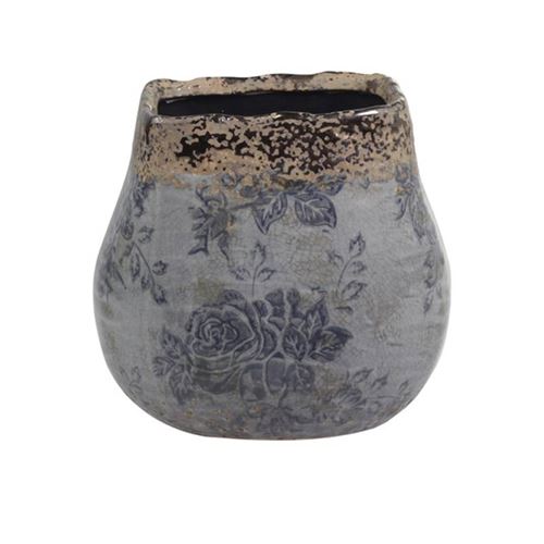 Pot Décoratif Motifs Floraux Vase Pot à Crayons Broc en Terre Cuite Emaillée dans les Tons Bleus 9x9,5x9,5cm