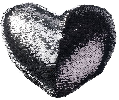 Coussin cœur paillettes et velours, coloris noir & argent