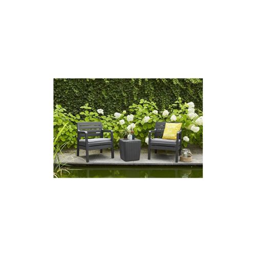 Delano Ensemble De Balcon 2 Places Avec Coussins Assises - 2 Fauteuils Et Une Table Basse - Imitation Bois - Graphite