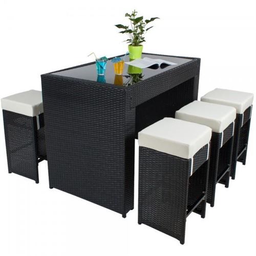 Table haute salon de jardin rotin résine tressé synthétique + 6 tabourets rotin noir