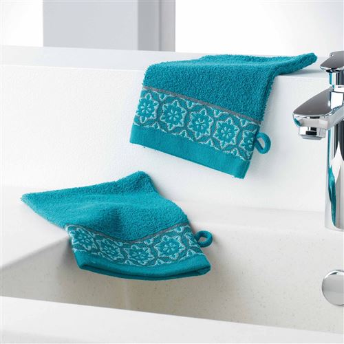 Gants de toilette /2 15 x 21 cm eponge unie jacquard adelie Bleu