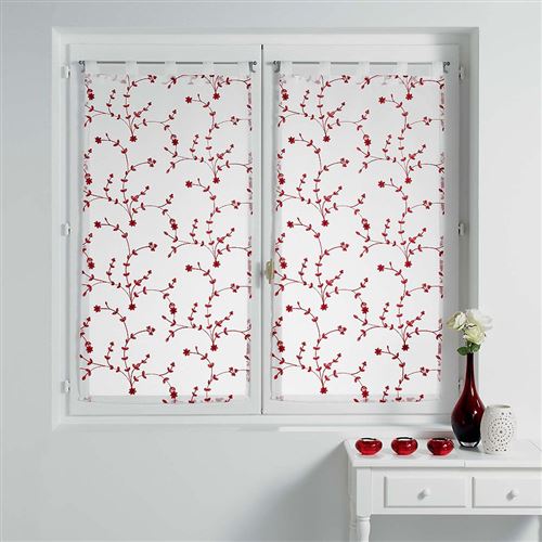 Paire droite passants 2 x 60 x 160 cm voile sable brode petite fleur Blanc/Rouge