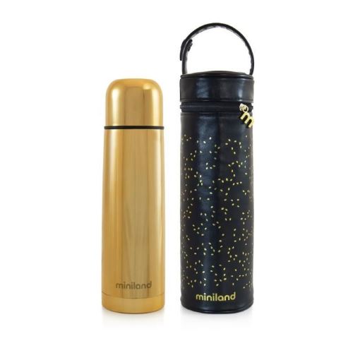 MINILAND - Deluxe thermos gold exclusif pour liquides de 500ml avec effet chromé et sac isotherme prémium, un pack de luxe