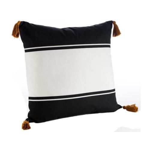 TODAY Coussin déhoussable en coton imprimé Carnet de Voyage - 50 x 50 cm - Pompoms rouge terracotta - Blanc, noir et jaune