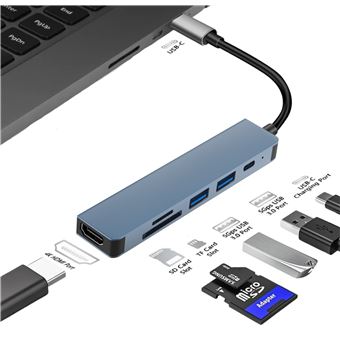 Adaptateur Hub USB-C 6en1 HDMI 4K USB 3.0 lecteur de carte SD/TF Port PD  100W compatible avec ordinateur/tablette