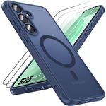 Coque avec Cercle Magnétique pour Samsung Galaxy S25 avec 2 Verres Trempés, Protection Vitre Caméra Intégrée - Bleu Marine - BOOLING