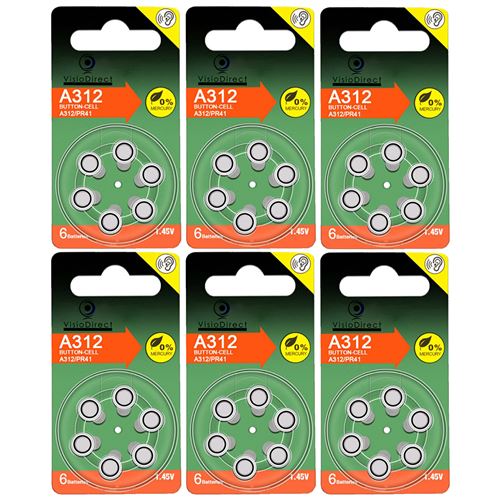 Lot de 36 Piles bouton Zinc Air Type A312/312 pour appareils auditifs compatibles PR41 1,45V - Visiodirect -