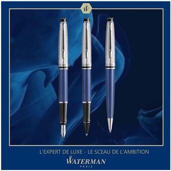 WATERMAN Expert Deluxe Stylo bille, Laque métallique Bleu, capuchon métal, recharge bleue pointe moyenne, Coffret cadeau