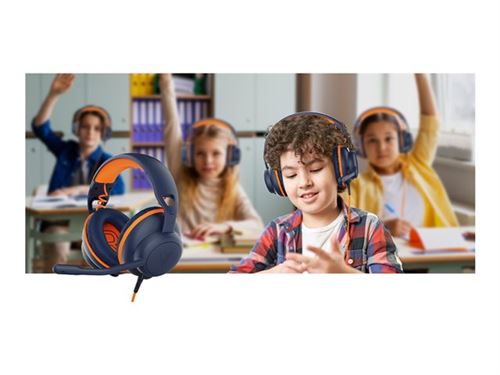 V7 Safe Sound 2 HU590E - Écouteurs - circum-aural - filaire - jack 3,5mm, USB-C - bleu foncé avec accent orange