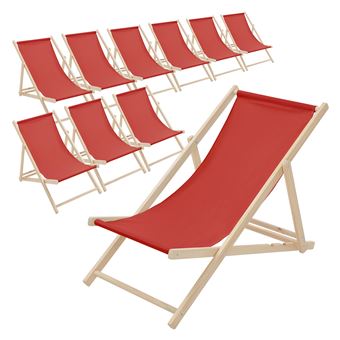 ECD Germany Lot de 10 Chaises Longues Pliantes en Bois Chiliennes, Rouge, Dossier - 1