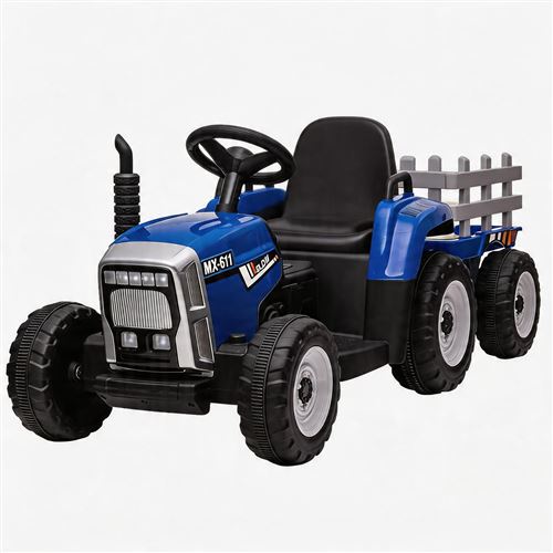  Tracteur &eacute;lectrique enfant 12V avec remorque - T&eacute;l&eacute;commande parentale, LED, musique, USB - De 3 &agrave; 8 ans - Bleu