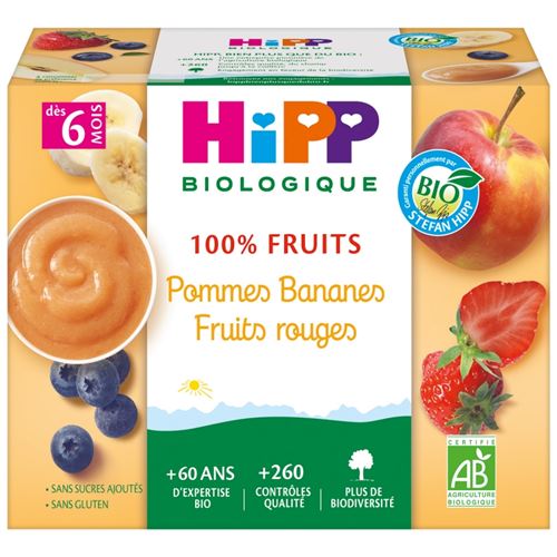 100% Fruits Pommes Bananes Fruits rouges (Dès 6 mois) - 1 pack de 4 coupelles - Hipp Biologique