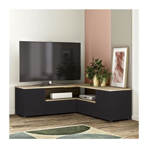 Meuble TV dangle 4 portes - Decor chene et noir - L 130 x P 130 x H 46 cm