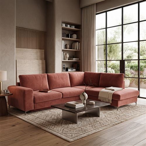 Canap&eacute; Velours Angle Droit Rose Fiesole - 3 Places - Rose