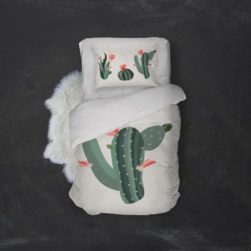 HOMEMANIA Pack oreiller et couette Cactus 4 - Blanc, vert - 155 x 210 cm