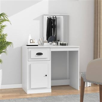 Coiffeuse avec miroir et banc, 2 tiroirs, Blanc