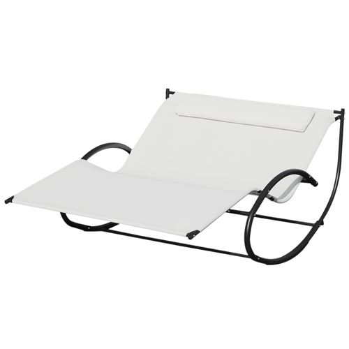Bain de soleil transat à bascule 2 places design contemporain assise dossier ergonomiques oreiller fourni métal noir textilène crème