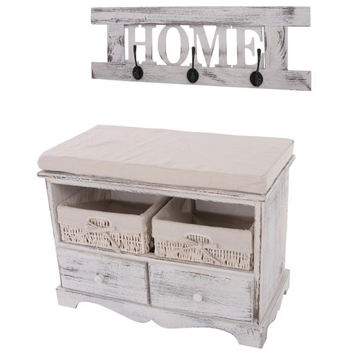 Commode / banc, 2 paniers, 2 tiroirs, 62x33x42cm + garderobe, shabby, vintage, blanc