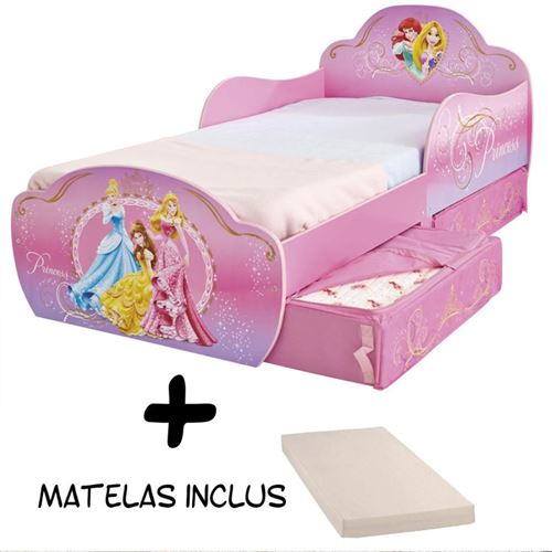 Lit enfant Princesse Disney Design avec tiroirs de rangement + Matelas