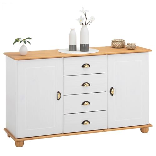 Buffet COLMAR en pin massif, 4 tiroirs et 2 portes, lasuré blanc et brun