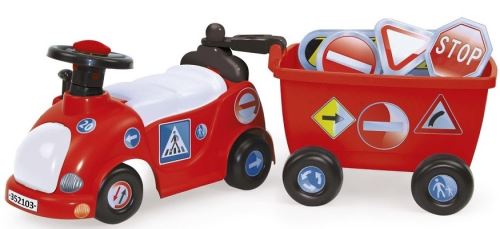 Porteur avec grande remorque amovible + 14 elements routiers ( panneaux, plots,... ) - porteur enfant rouge - nouveaute des 10 mois - jouet 1er age