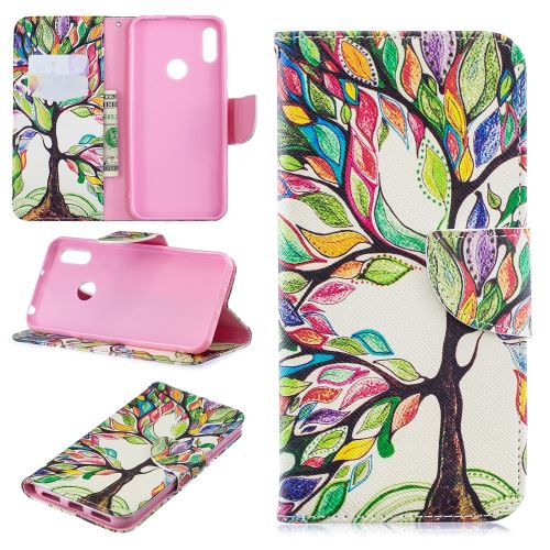 Etui en PU flip stand motif imprimé arbre colorisé pour votre Huawei Y6 (2019)/Y6 Pro (2019)/Y6 Prime (2019)