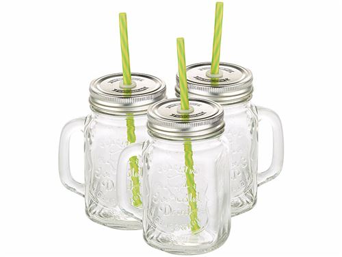 Lot de 3 verres rétro avec anse, paille et couvercle