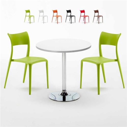 Table Ronde Blanche 70x70cm Avec 2 Chaises Colorées Set Intérieur Bar Café Parisienne LONG Island, Couleur: Vert