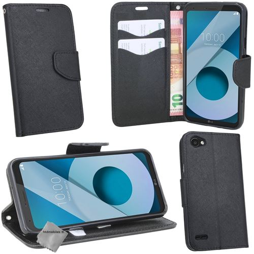 Housse etui coque pochette portefeuille pour LG Q6 avec verre trempe - NOIR / NOIR