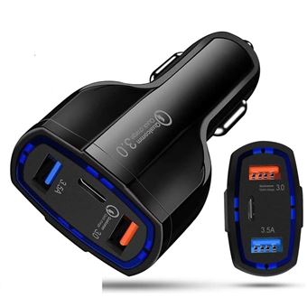 CHARGEUR TELEPHONE VOITURE ALLUME CIGARE 2 PORTS USB + USB TYPE-C